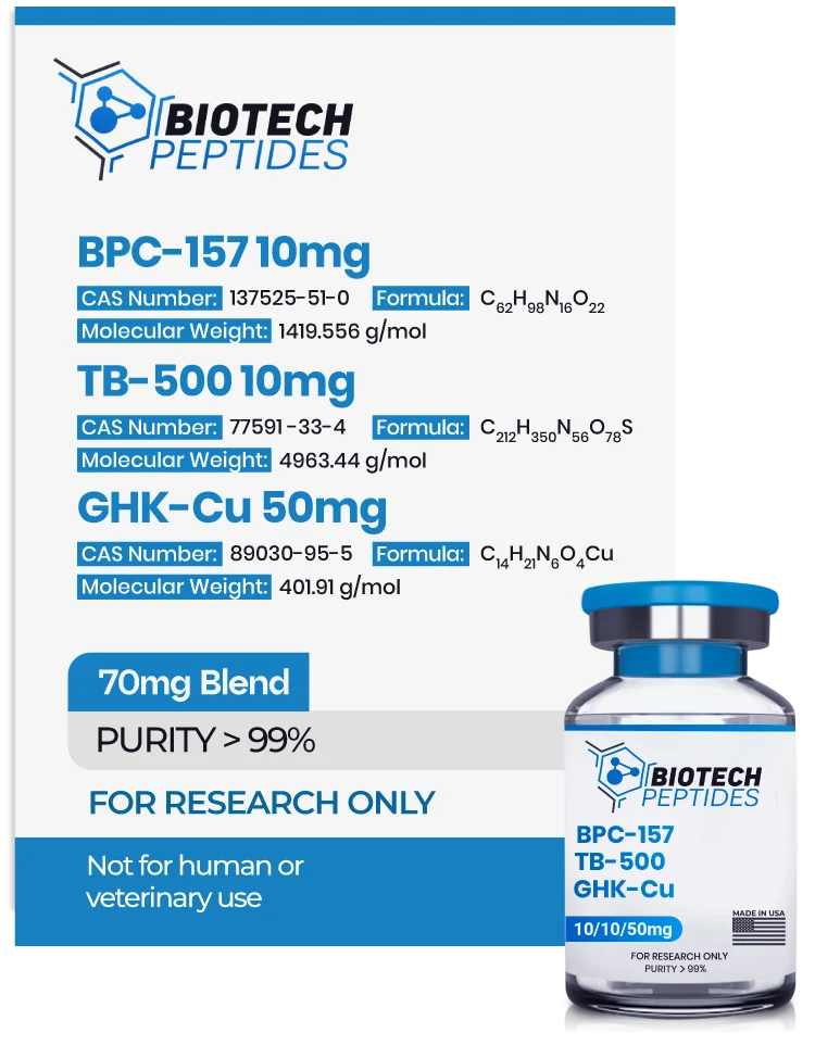 BPC-157-TB-500-GHK-Cu-Biotech-70mg BPC-157 TB-500 GHK-Cu Blend 70mg research peptide vial for laboratory scientific research