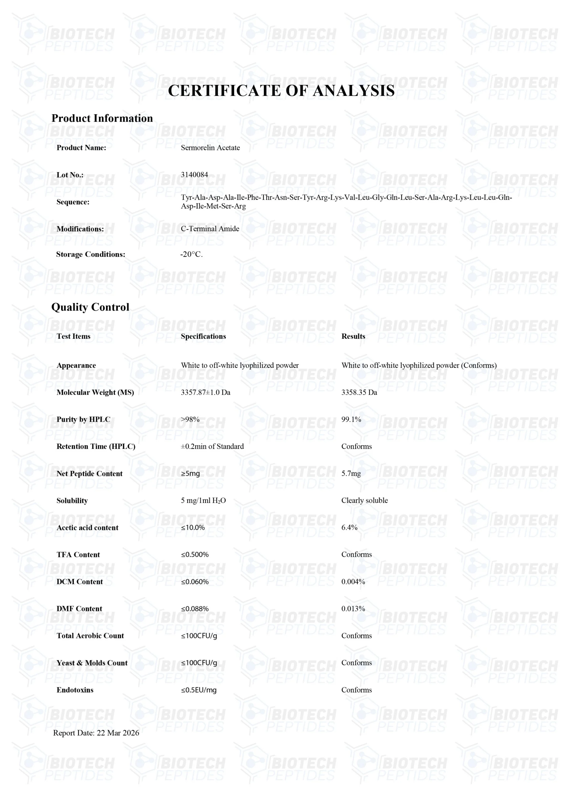 Sermorelin-5mg-COA Sermorelin 5mg research peptide vial for laboratory scientific research