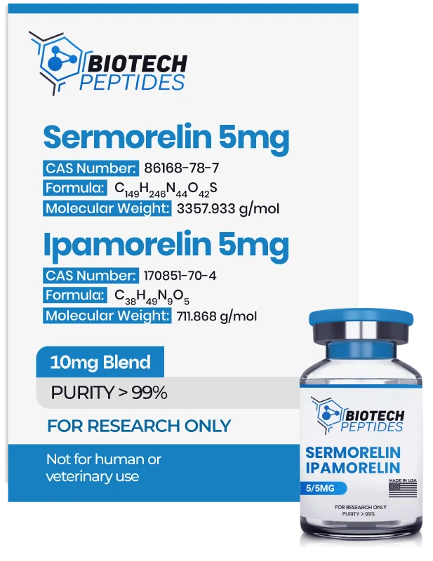 Sermorelin-Ipamorelin-10mg-blend Sermorelin and Ipamorelin Blend 10mg research peptide vial for laboratory scientific research